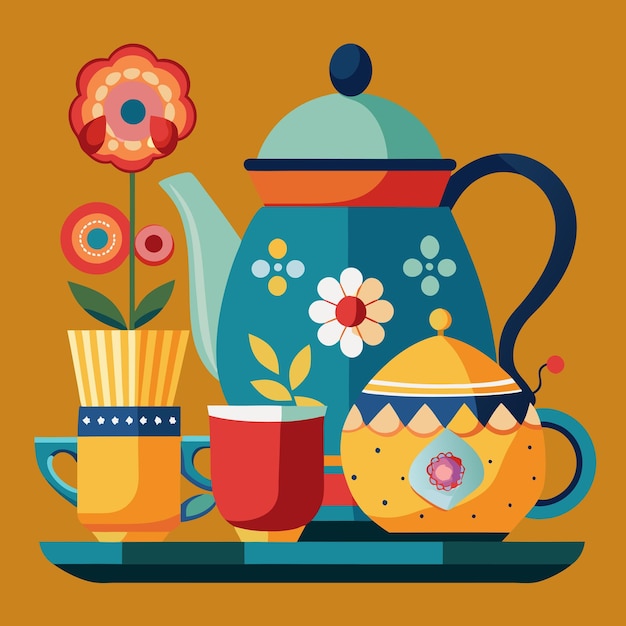 a painting of a blue teapot and a blue kettle with flowers on it