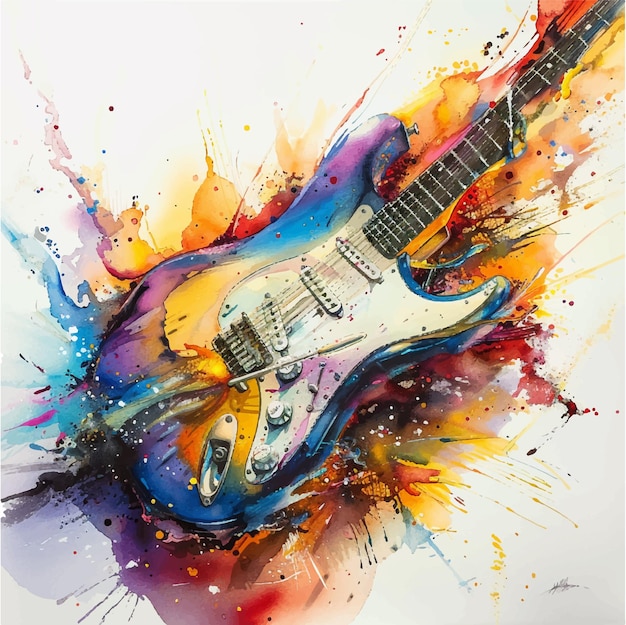 a painting of a blue and white guitar with a blue and yellow body vector illustration