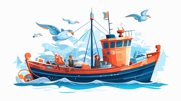 a painting of a boat with a man and birds flying above it