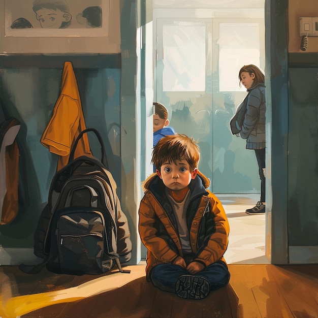 Vector a painting of a boy sitting in front of a door with a backpack on it