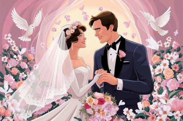 Vector a painting of a bride and groom in a floral frame