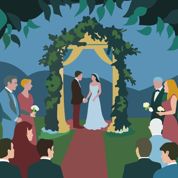 Vector a painting of a bride and groom in front of a wedding arch