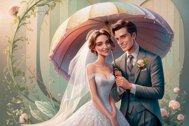 Vector a painting of a bride and groom under an umbrella