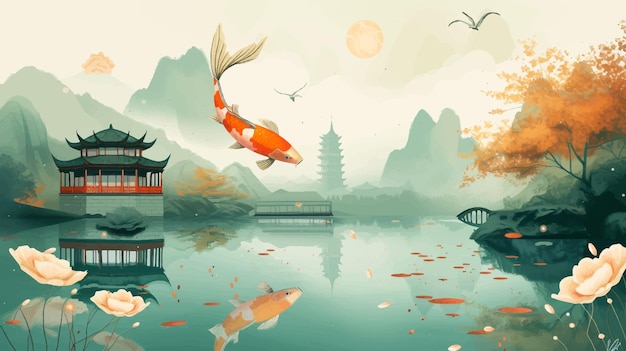 Vector a painting of a bridge and a lake with fish and pagodas in the background