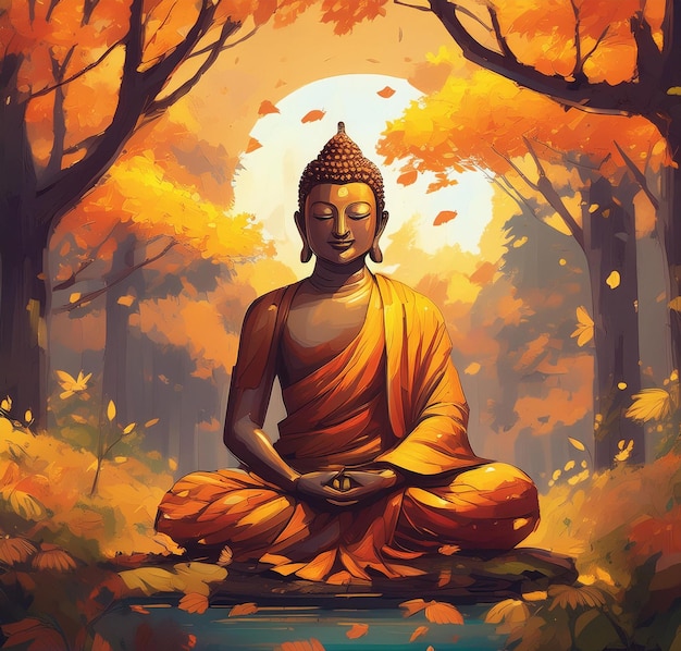 a painting of a buddha purnima sitting in a forest with trees in the background