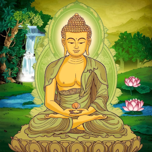 a painting of a buddha with a lotus flower in the background