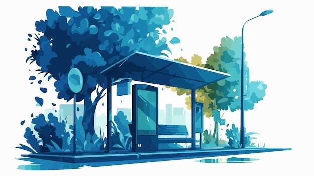 a painting of a bus stop with a tree in the background