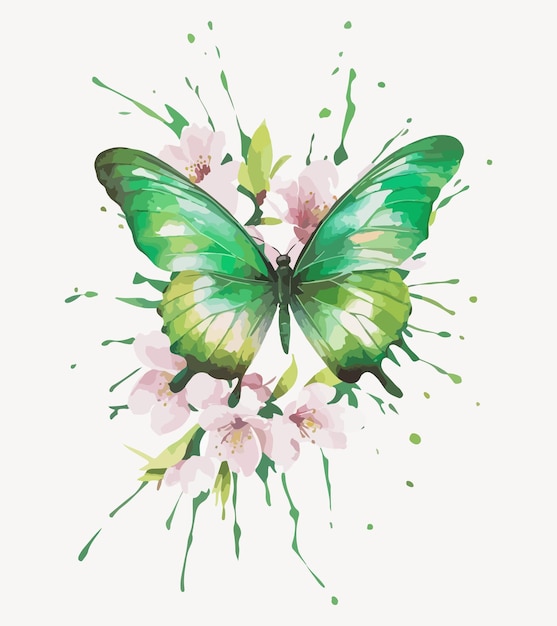 a painting of a butterfly with green and white flowers