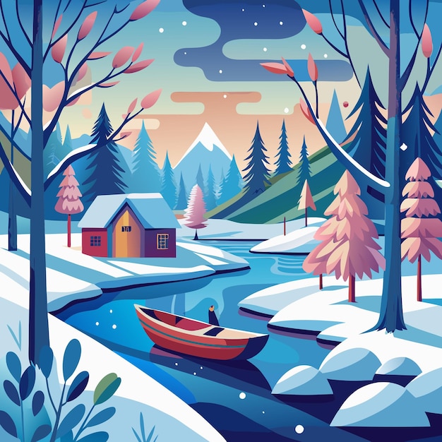 Vector a painting of a cabin and a boat in the snow