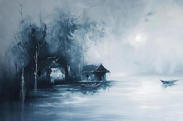 Vector a painting of a cabin by the lake