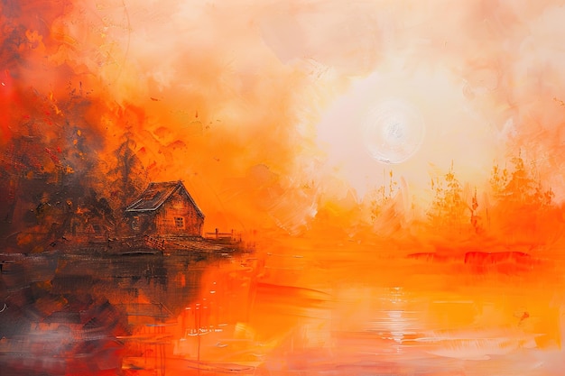 a painting of a cabin on a lake with a sunset in the background