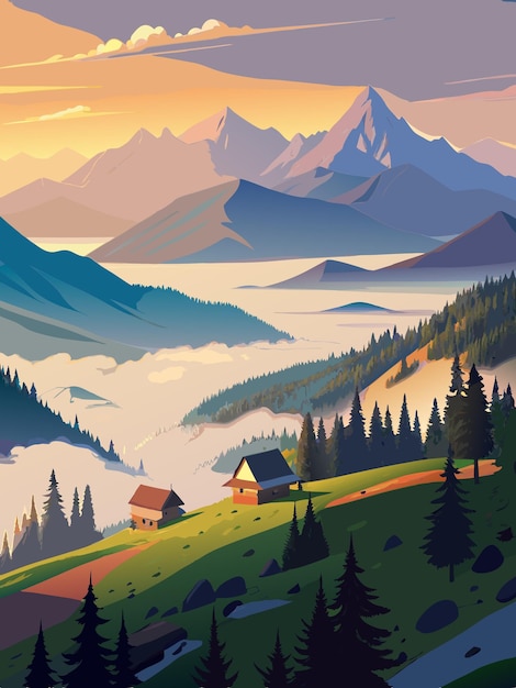 Vector a painting of a cabin on a mountain with mountains in the background