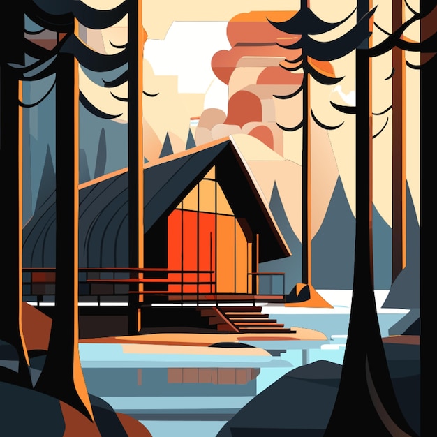 Vector a painting of a cabin with a cabin in the background