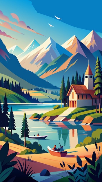 a painting of a cabin with a mountain in the background