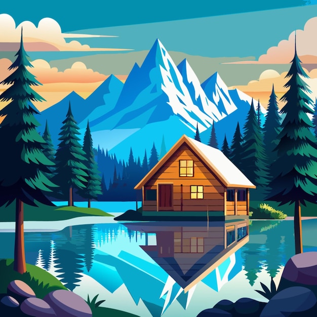 Vector a painting of a cabin with a reflection of a mountain in the background