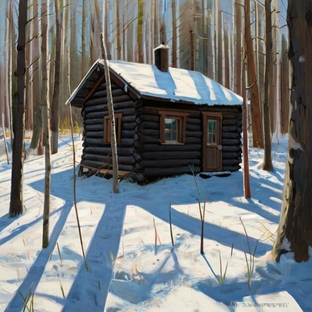 Vector a painting of a cabin with a small cabin in the snow