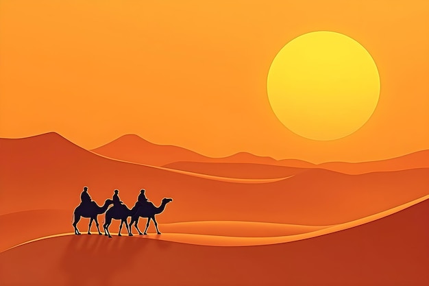 Vector a painting of camels and the sun in the background