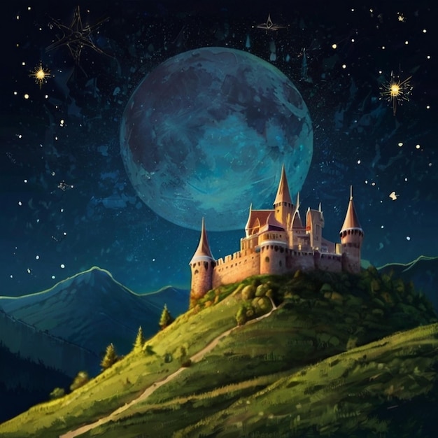 Vector a painting of a castle with a moon in the sky