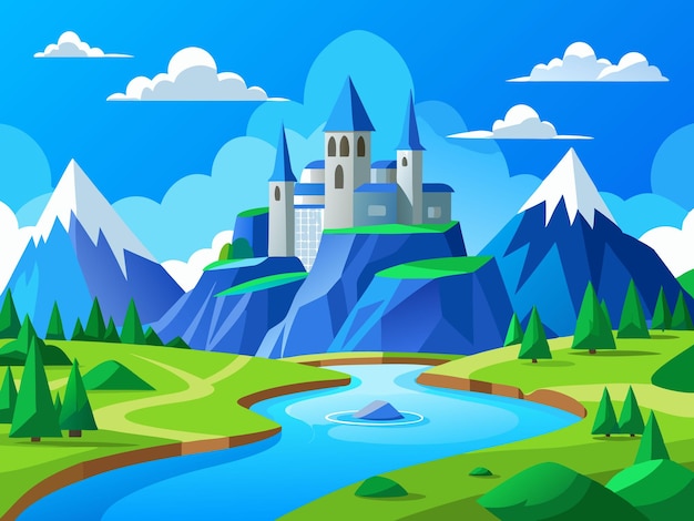 a painting of a castle with a river and mountains in the background