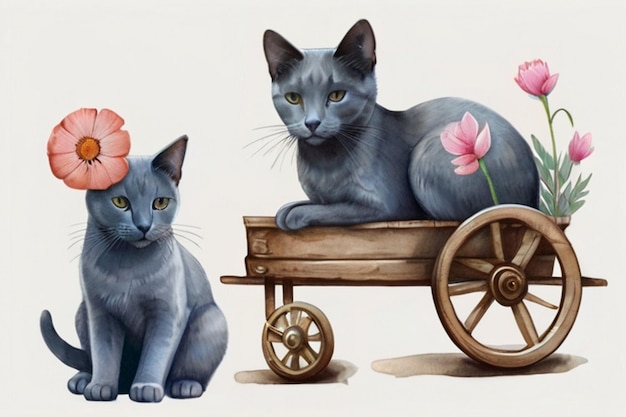 Vector a painting of a cat and a cart with a flower on it