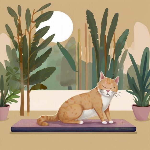 Vector a painting of a cat sitting on a mat with plants and trees in the background