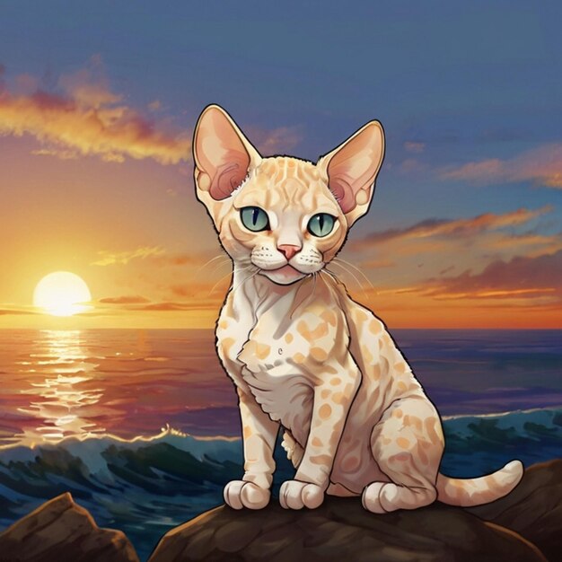 Vector a painting of a cat sitting on a rock with the sun setting behind it