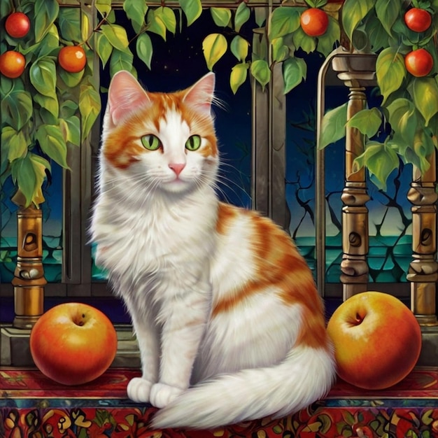 Vector a painting of a cat sitting on a table with apples and an apple