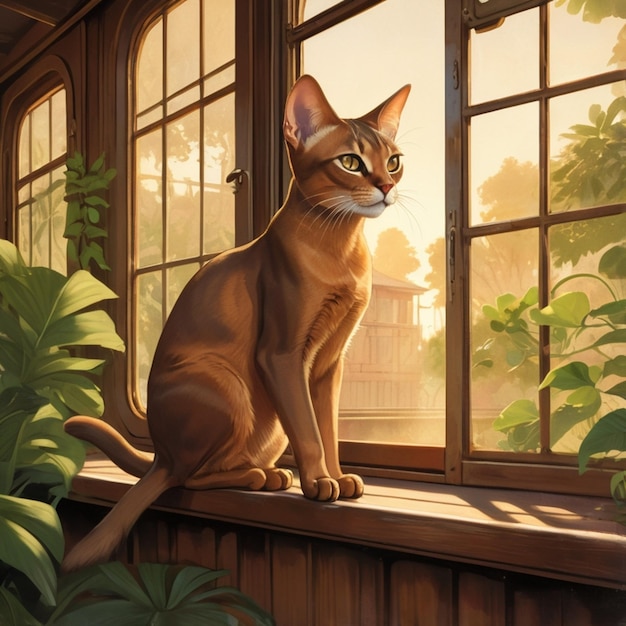 a painting of a cat sitting on a window sill