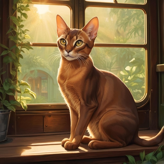 a painting of a cat sitting on a window sill