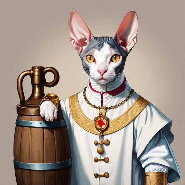 Vector a painting of a cat with a gold cap and a large jug with a handle