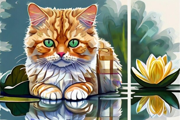 Vector a painting of a cat with green eyes and a reflection of a flower