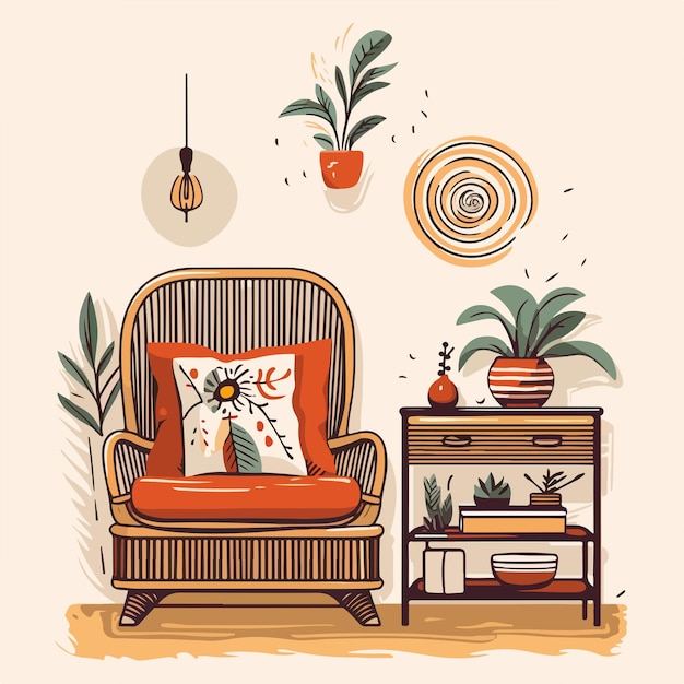 Vector a painting of a chair with a pillow and a plant on it