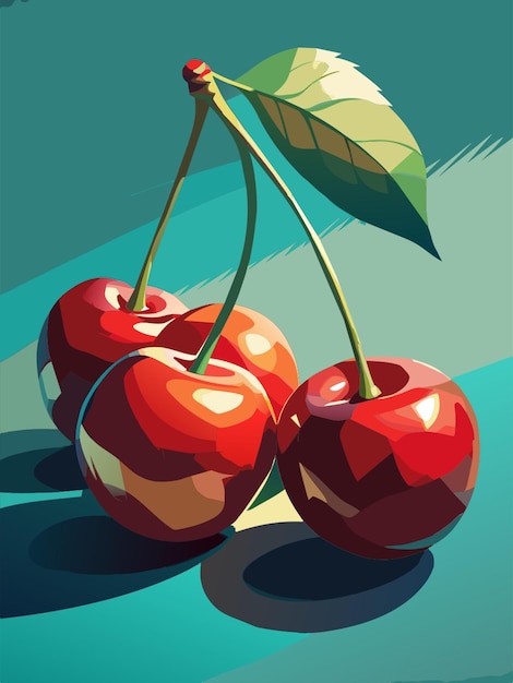 a painting of cherries with a leaf on the top