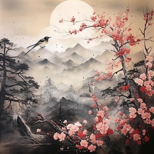 a painting of a cherry blossom tree with a bird flying above it