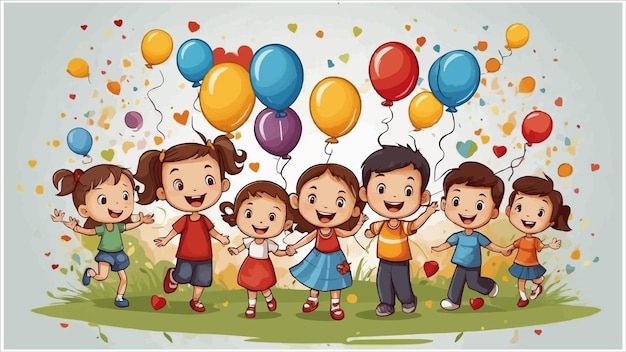 a painting of children with balloons and a banner for the birthday party