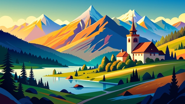 Painting of a Church in the Mountains