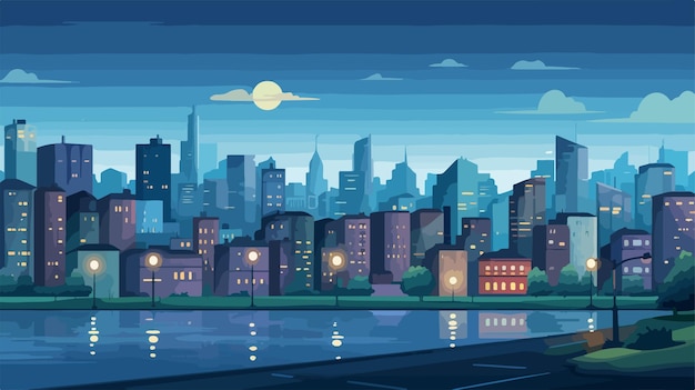 a painting of a city with a moon and a city in the background