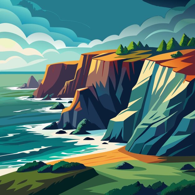 Vector a painting of cliffs and the ocean with a beach scene in the background