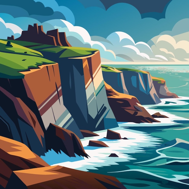 Vector a painting of cliffs and the ocean with a green grass and blue sky