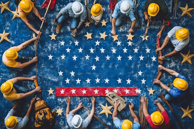 Vector a painting of construction workers in front of a flag with stars and stripes