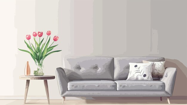 a painting of a couch with a vase of tulips on it