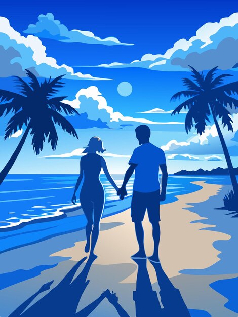 Vector a painting of a couple on a beach with palm trees and the moon in the background