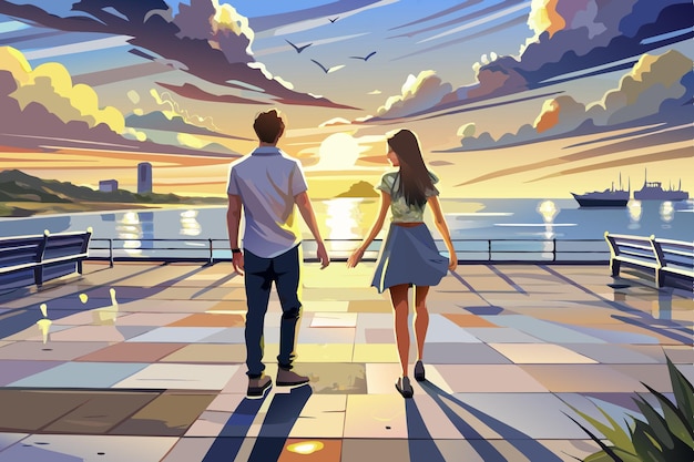 Vector a painting of a couple holding hands and a sunset in the background