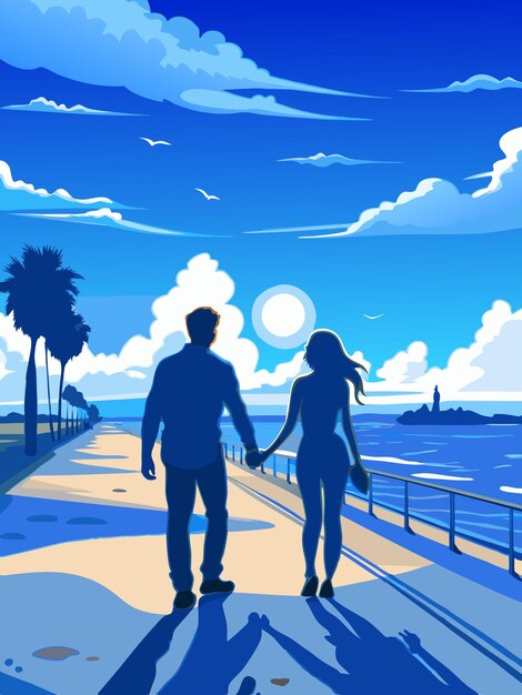 Vector a painting of a couple holding hands and walking along a pier