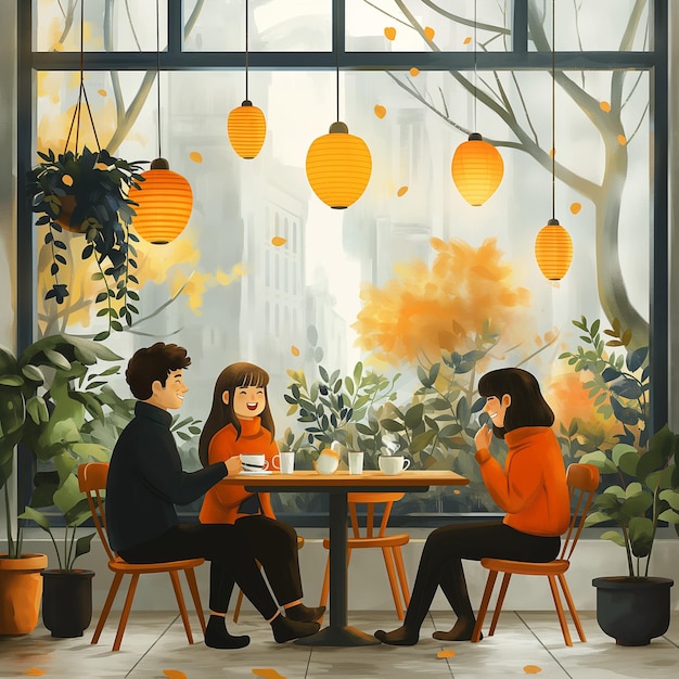 a painting of a couple sitting at a table with lanterns hanging from the ceiling friendship day