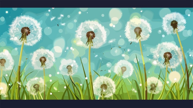 Vector a painting of dandelions in a green field with the sun shining on them