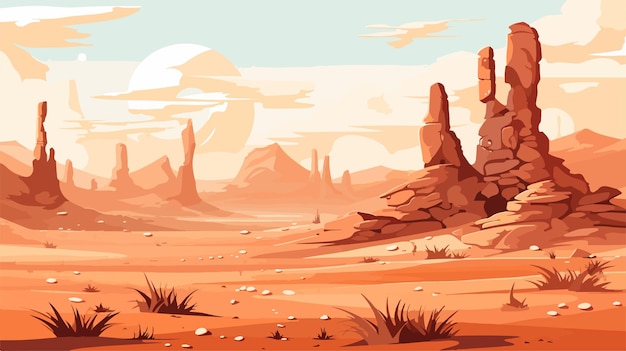 Vector a painting of a desert landscape with mountains and grass