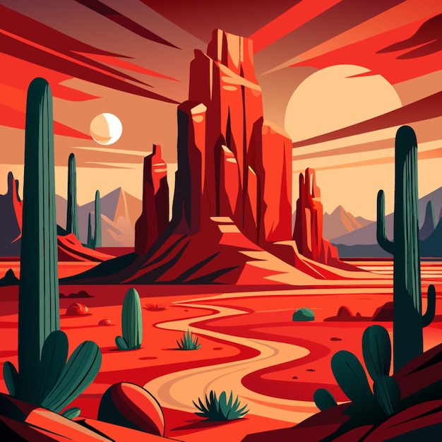 Vector a painting of a desert landscape with mountains and a red sky