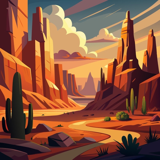 Vector a painting of a desert landscape with a river and mountains in the background