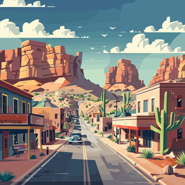 Vector a painting of a desert town with a car driving down the street